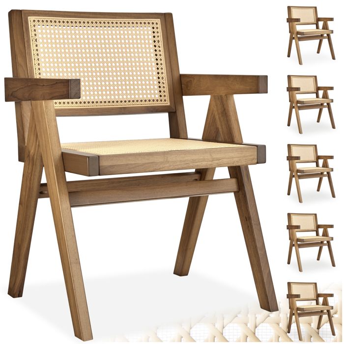 Chaise - TECTAKE - Lot de 6 fauteuils LISSY style boho cannage viennois en bois et accoudoirs 595 x 565 x 825 cm - Chêne clair
