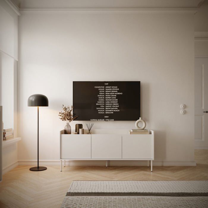 Meuble TV 3 portes – TOVI – blanc / couleur chêne linberg– 140 cm