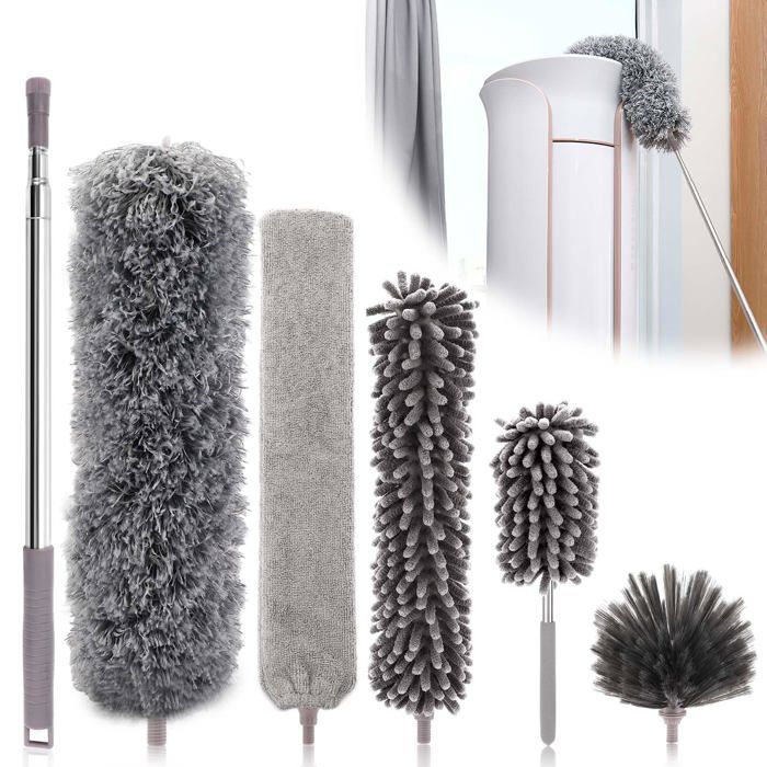 6 Pièces Plumeau Télescopique Tête de Loup 25-252cm Microfibre Lavable Balai Toile dAraignée Pour Plafonds Meubles Stores