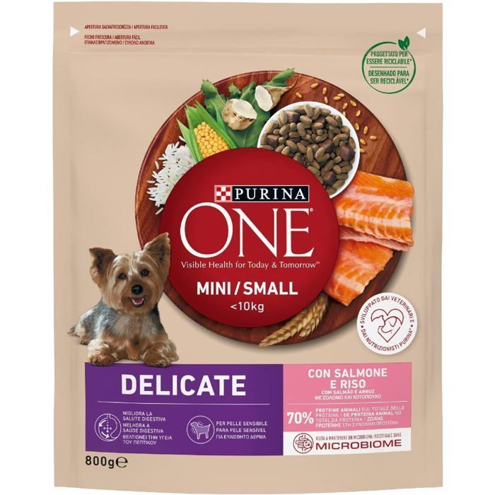 Croquettes pour Chien Purina One Mini Saumon et Riz 8 Sacs de 800 g