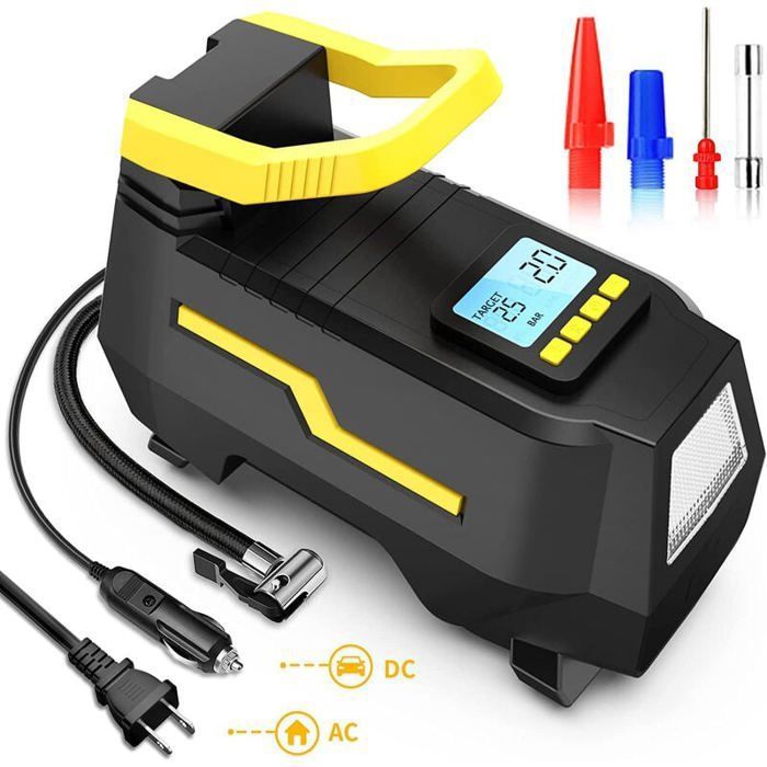 Compresseur à air portable - Double alimentation 220V/12V - 150 PSI - Lampe LED - Gonflage rapide