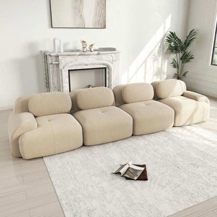 Canapé modulable - LANGTU - Canapé dangle modulable - Velours côtelé beige - 4 places - Mousse HR 32D