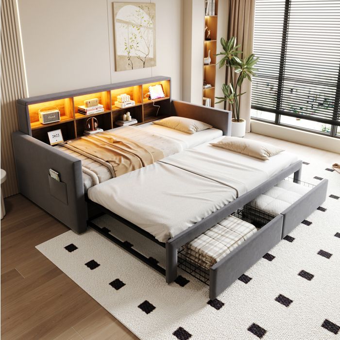 MEUBLIV Lit banquette extensible 90/180x190 cm avec LED prises USB/Type-C et 2 tiroirs velours gris foncé