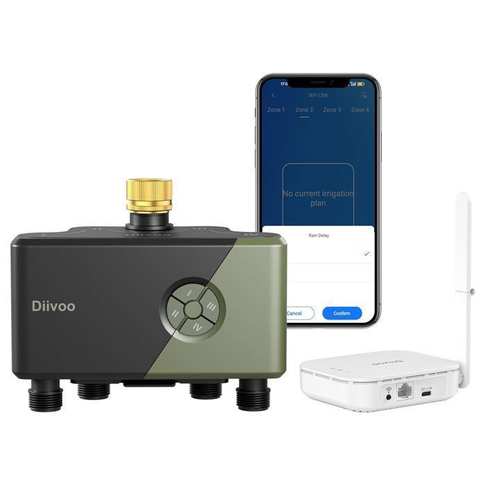 Diivoo Programmateur darrosage WLAN 4 Voies Connecteur en Laiton Minuterie darrosage Automatique dirrigation pour Jardin