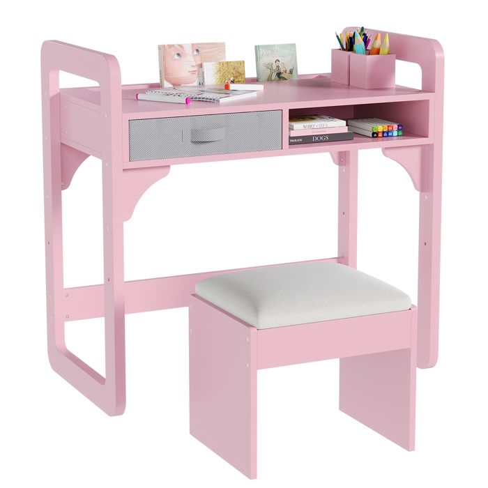 Ensemble Bureau et Chaise Enfant，Table dÉtude en Bois avec Tiroir en Tissu et Porte-Stylo， Meuble Enfant 83.1 x 46 x 80 cm Rose