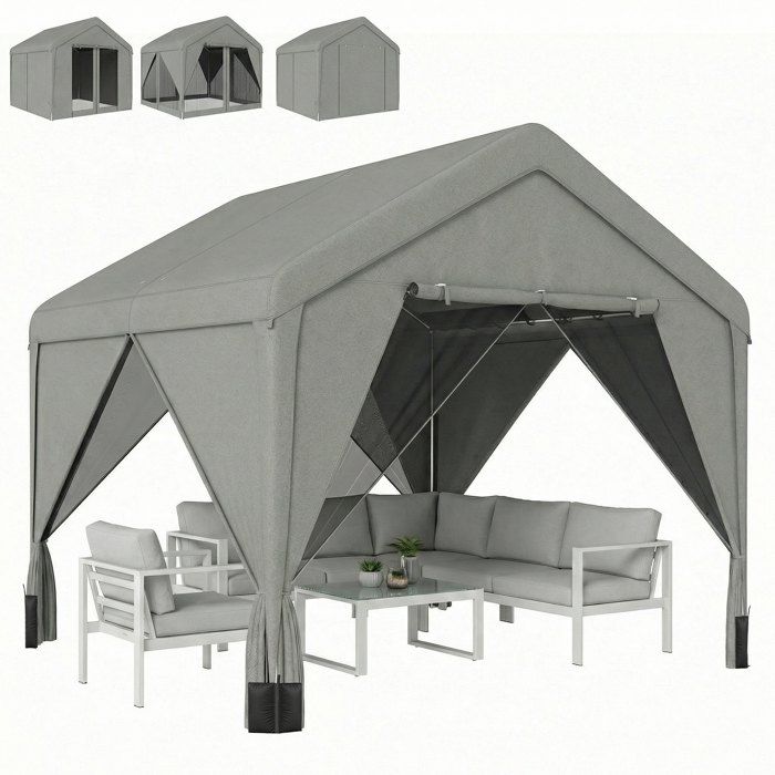 Tonnelle de jardin extérieur - pavillon de jardin - Outsunny - hydrofuge structure acier galvanisé toit double pente - 3x3m - gris