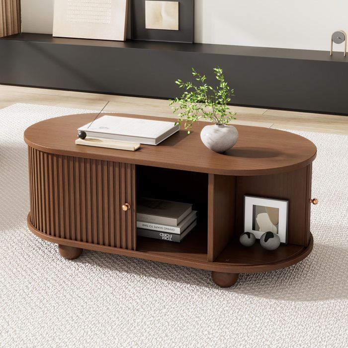 Table basse avec rangement - 100x50x40 cm - Noyer - Portes coulissantes à 360 degrés - MDF écologique
