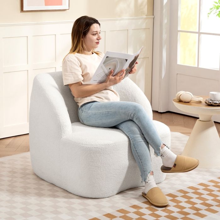 Fauteuil moderne avec revêtement en polaire fauteuil confortable et capitonné pour salon chambre bureau blanc crème