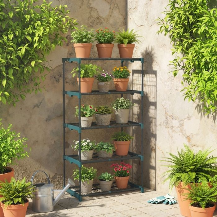 Support à plantes à 5 niveaux 138 cm de hauteur pour lintérieur et lextérieur étagère en acier vert foncé