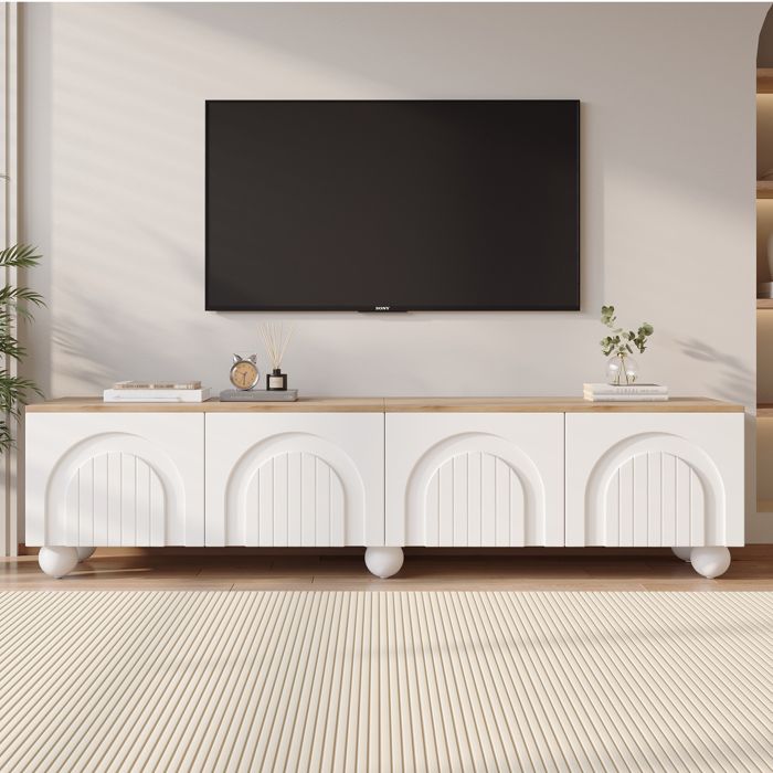 Meuble TV 180cm Lowboard Console TV avec 4 Portes Push-to-Open 6 Pieds Boule et Design Rainures Courbes - Jusquà 80 Pouces - Blanc