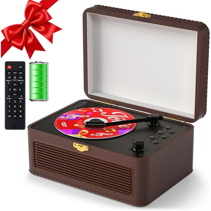 Lecteur CD portable en cuir - Rechargeable 3600mAh avec connexion Bluetooth - Design valise rétro marron Lecteur CD portable en cuir - Rechargeable 3600mAh avec connexion Bluetooth - Design valise rétro marron