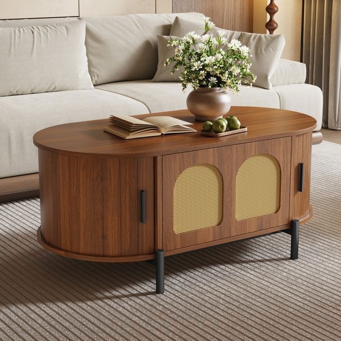 Table basse ovale 100x50x40 cm avec lattes verticales 5 tiroirs et portes coulissantes rangement intégré MDF Noyer