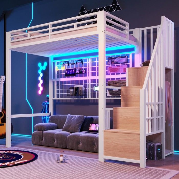Lit cabane 90x200cm fer armoire échelle rangements filet espace libre LED 7 couleurs (sans matelas) blanc