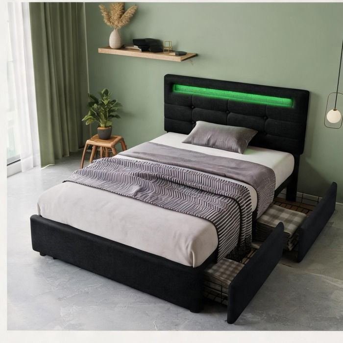 Lit une place 90x200 cm avec LED et tiroirs cadre capitonné en lin noir
