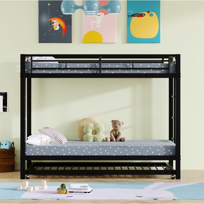 ROVRYN Lit superposé enfant 90 x 200 cm en métal noir avec lit gigogne garde-corps haut
