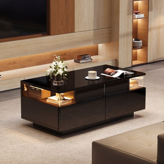 Table Basse Noire Brillante 90 x 45 x 355 cm Avec 2 Tiroirs Plateau Amovible Verre Trempé Éclairage LED 3 Niveaux Salon