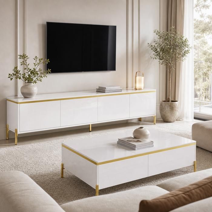Meuble TV moderne avec table basse finition brillante bords dorés grand rangement