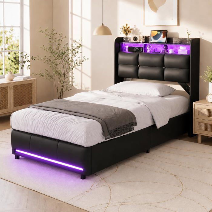 lit 90x200 coffre hydraulique led usb lit coffre lit capitonné lit rembourré avec socle à lattes lit simple avec rangement pu