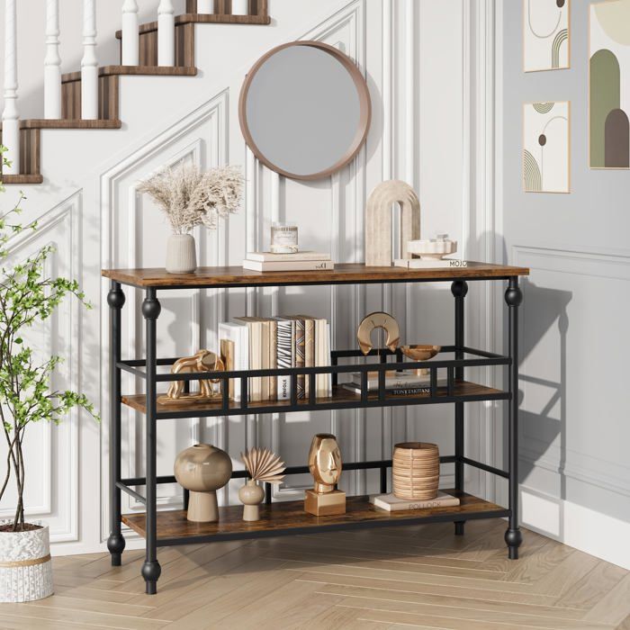 Console étroite 43″ 3 étagères ouvertes bois marron derrière canapé couloir entrée salon