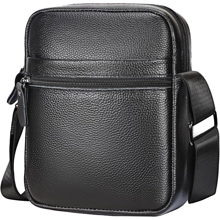 Sac Bandoulière Cuir Véritable Homme - 1 Pièce - Noir - Grande Capacité - Voyage Affaires Quotidien - 18x21x5cm PONTON FLOTTANT