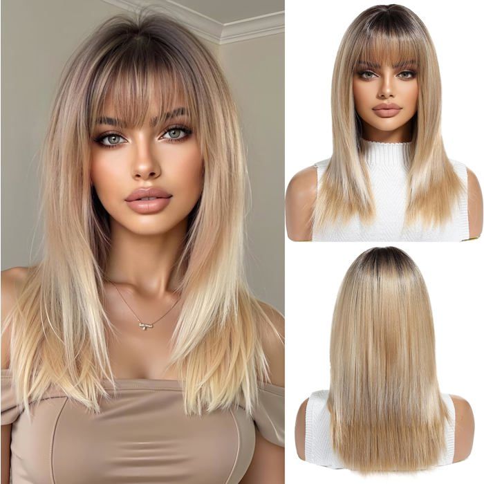 Perruque Blonde Femme Naturelle Lisse Longue Avec Frange Synth.Fête