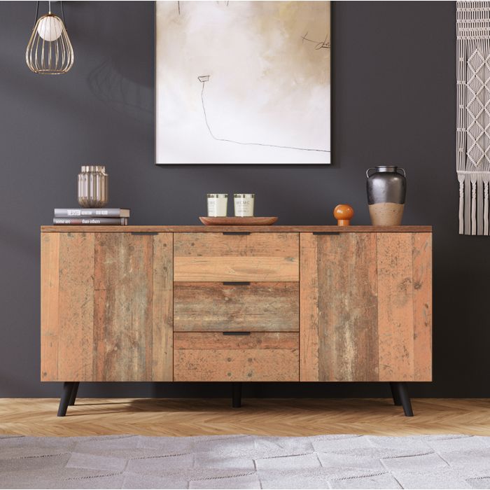 Meuble TV buffet vintage 140 cm avec 3 tiroirs 2 portes étagères panneau de particules marron JOINERY