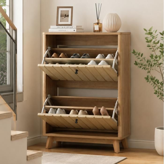 VUENOR meuble à chaussures dentrée 60 x 24 x 94 cm aspect chêne – abattant ultra-fin et rangement anti-poussière