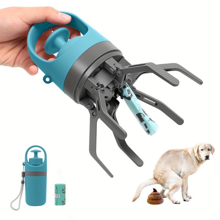 Ramasse-crottes pour animaux portable pour les sorties pince à six branches comprend un rouleau de sacs à déjections canines.