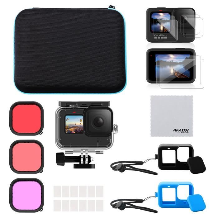 AFAITH Kit d'Accessoires pour GoPro Hero 9/10/11 Black, Étui de Transport+Boîtier Étanche+Étui en Silicone+Filtres de Plongée