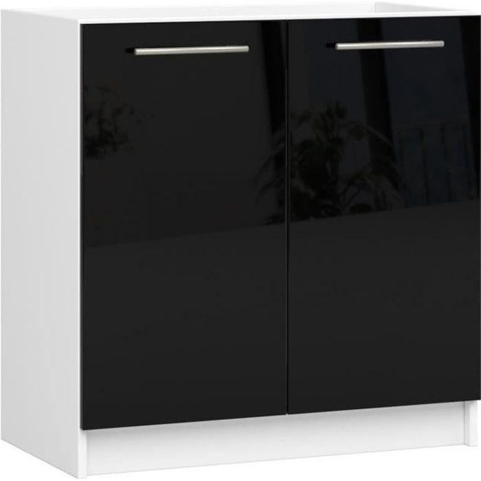 Meuble de cuisine bas AKORD S80 pour évier OLIWIA modulable Blanc 80 cm 2 portes couleur Noir Brillant 1 étagère 80x46x82 cm
