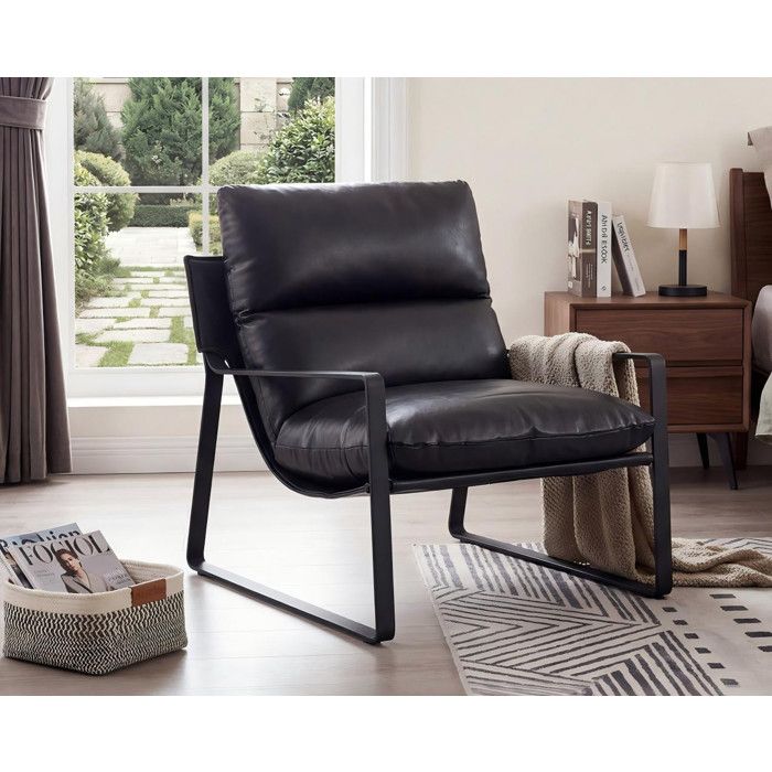 Wahson Fauteuil de Salon Confortable Chaise Relax Fauteuil Lounge de Structure Métal Chaise Loisirs pour Chambre Cuir PU Noir
