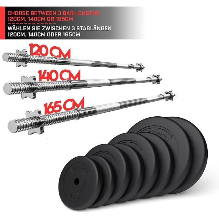 Physionics Barre d'Haltère Longue - 120-140-165 cm, Diamètre 30 mm, 6,5-8 - 9 kg, Acier Chromé