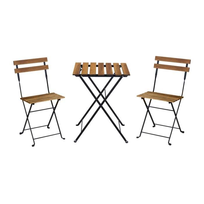 Table de jardin bistrot en bois d'acacia et métal. 55 x 54 cm. 2 chaises pliantes