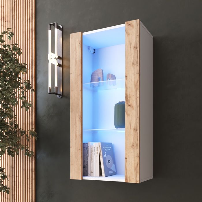 Vitrine Murale Komodee TIVOLI - LED bleues - Bois naturel & Blanc - Facades en Mat - 50 x 100 x 29 cm