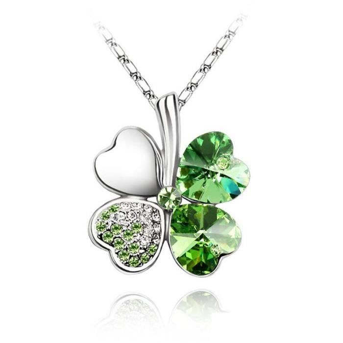 Collier Trèfle 4 Feuilles Bohème - Cristal Noir - Cadeau Femme, Fille - 40.6cm