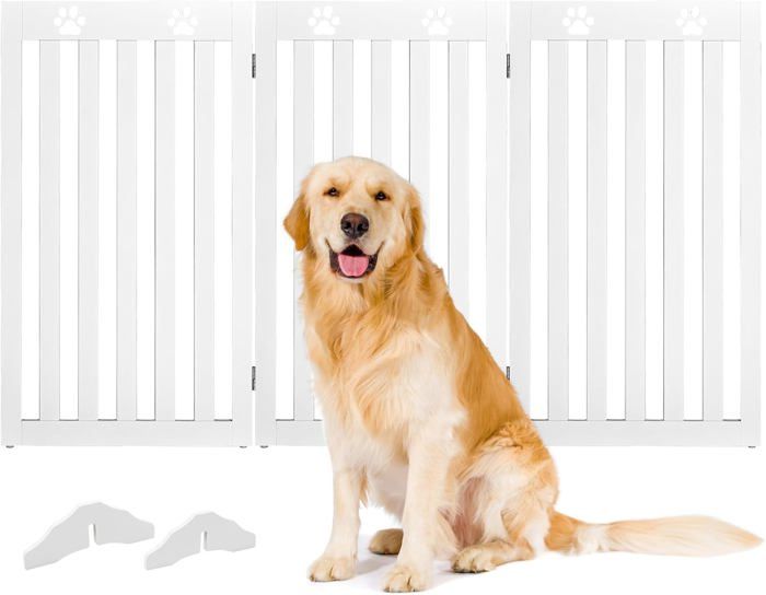 Comparer les prix de COSTWAY Barrière Autoportante pour Chien 3 Panneaux en Bois Charnières Métalliques à 360° sans Perçage pour Maison Escaliers Blanc