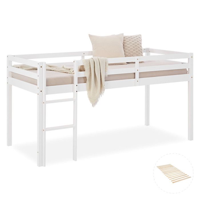 Lit mezzanine pour enfants 90 x 200 cm blanc – lit pour enfants peu encombrant avec échelle et sommier à lattes Lit mezzanine pour enfants 90 x 200 cm blanc – lit pour enfants peu encombrant avec échelle et sommier à lattes
