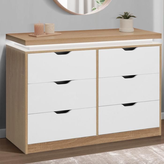 IDMARKET Commode 6 tiroirs LUNA à LEDS 115 cm blanc et effet bois IDMARKET Commode 6 tiroirs LUNA à LEDS 115 cm blanc et effet bois