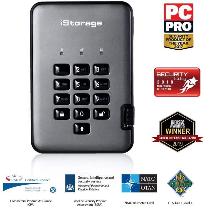 IStorage DiskAshur PRO2 SSD 1 To - Disque Portable Sécurisé Avec Code PIN, Chiffrement Matériel