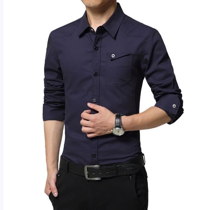 Chemise Poche Poitrine En Pur Coton Homme Chemise Uni Manches Longues Homme Chemise De Ville Coupe Slim Homme Bleu fonce XXXL Bleu fonce Cdiscount Pret a Porter