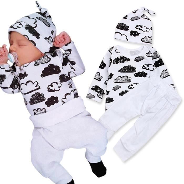 FUNMOON Garçon Bébé Pyjama 0-24 Mois Unisexe 3 Pcs Ensemble De : T-Shirt  Nuage Imprimé + Pantalon Blanc + Bonnet - Blanc Blanc - Cdiscount  Prêt-à-Porter