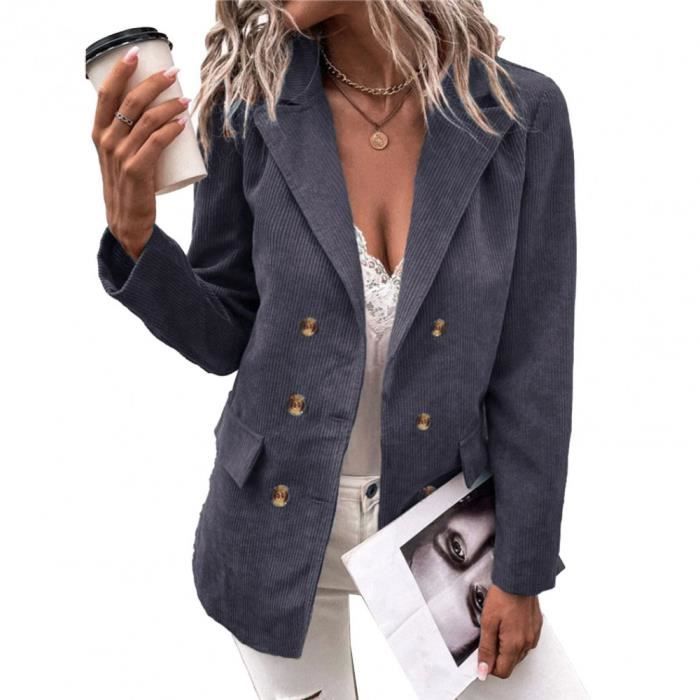Blazer Femme elegant a Manches Longues Loisirs d affaires Double Boutonnage Revers Bouton Veste de Bureau Costume Femme Gris Cdiscount Pret a Porter