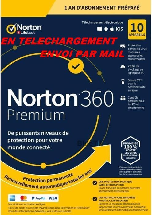 Avec CB - NORTON 360 PREMIUM 2024 avec Abonnement - 10 Appareils PC MAC Android - 1 AN - 75GB CLOUD - Envoyé par email - ESD