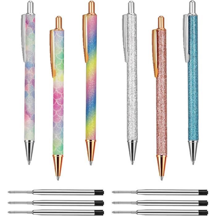 Lot De 4 Stylos Bille Métal Pailletés Cerf – Rétractables, Pointe 1 Mm, Encre Noire Fluide