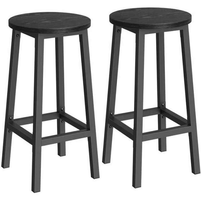 tabouret de bar, lot de 2, chaise de cuisine, siège haut, cadre en métal, avec repose-pieds, noir bois et noir classique