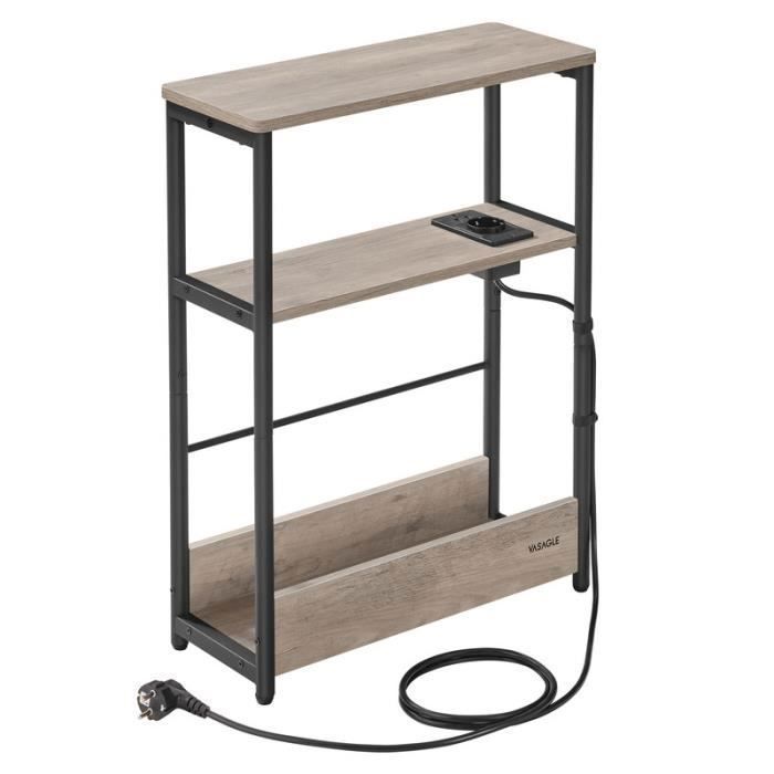 Table d’Appoint Fine avec Multiprise pour Petits Espaces Porte-Magazines Salon Chambre Bureau Grège Chiné et Noir dEncre