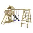 WICKEY Aire de jeux Portique bois RocketFlyer avec balançoire et toboggan anthracite Maison enfant extérieure avec bac à sable-1