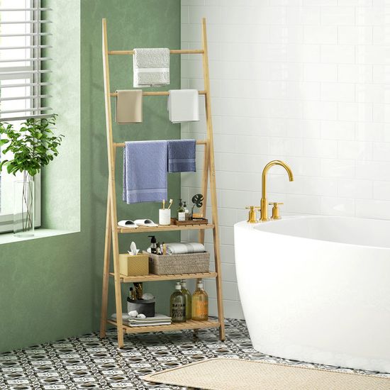 HOMCOM Porte-Serviettes en Bambou 3 Barres avec étagère de Rangement, Porte- Serviettes sur Pied pour la Salle de Bains et la buanderie, Finition Naturel