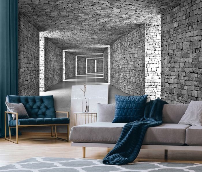 Papier Peint Intissé Panoramique Tunnel 3D Brique Gris 300x210 cm ...
