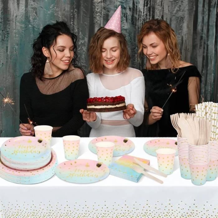 Kit Vaisselle Jetable Anniversaire Rose - 50 Pièces Pour 10 Invités - Assiettes, Gobelets, Serviettes